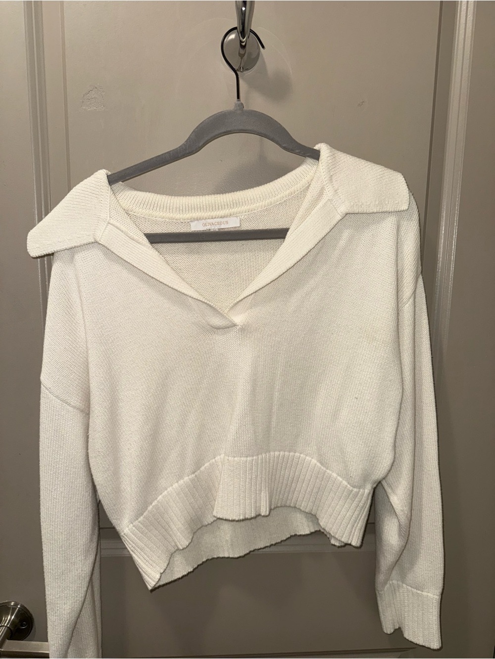 Olivaceous Cropped Collared Knit Sweater